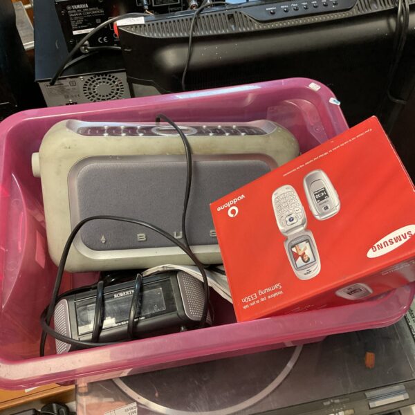 Bush dab radio, Roberts clock radio & samsung flip phone