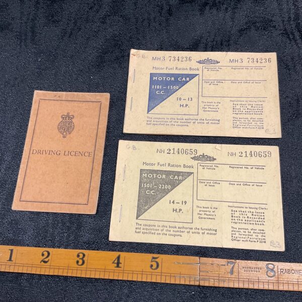 Two 1970 fuel Ration books and driving licence