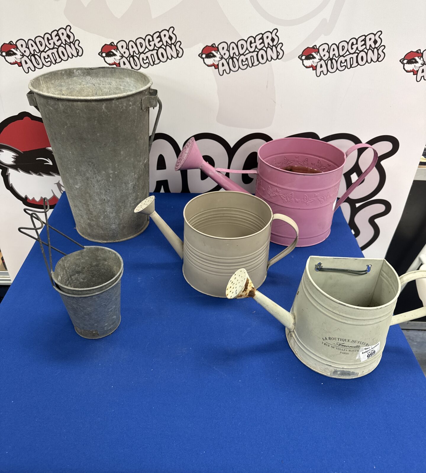 Selection of decorative garden water cans with galvanised bucket & hanging pots