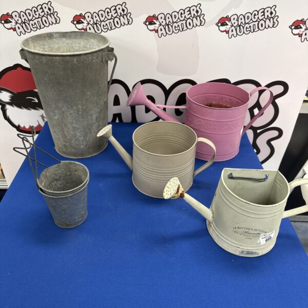 Selection of decorative garden water cans with galvanised bucket & hanging pots