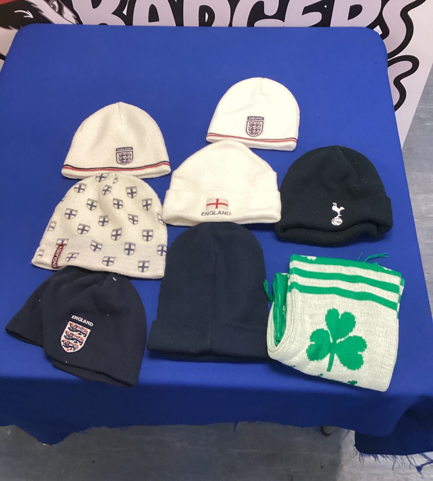Quantity of england beanies with Tottenham Hotspur beanie & Irish themed scarf