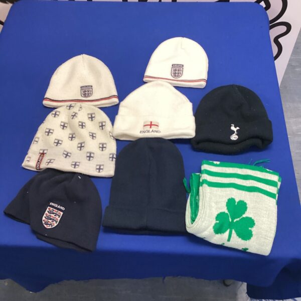 Quantity of england beanies with Tottenham Hotspur beanie & Irish themed scarf