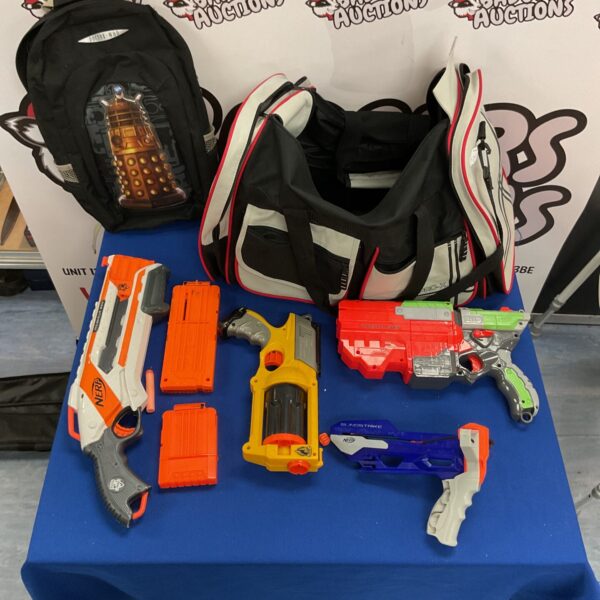 Pro x bag containing nerf guns and doctor who rucksack
