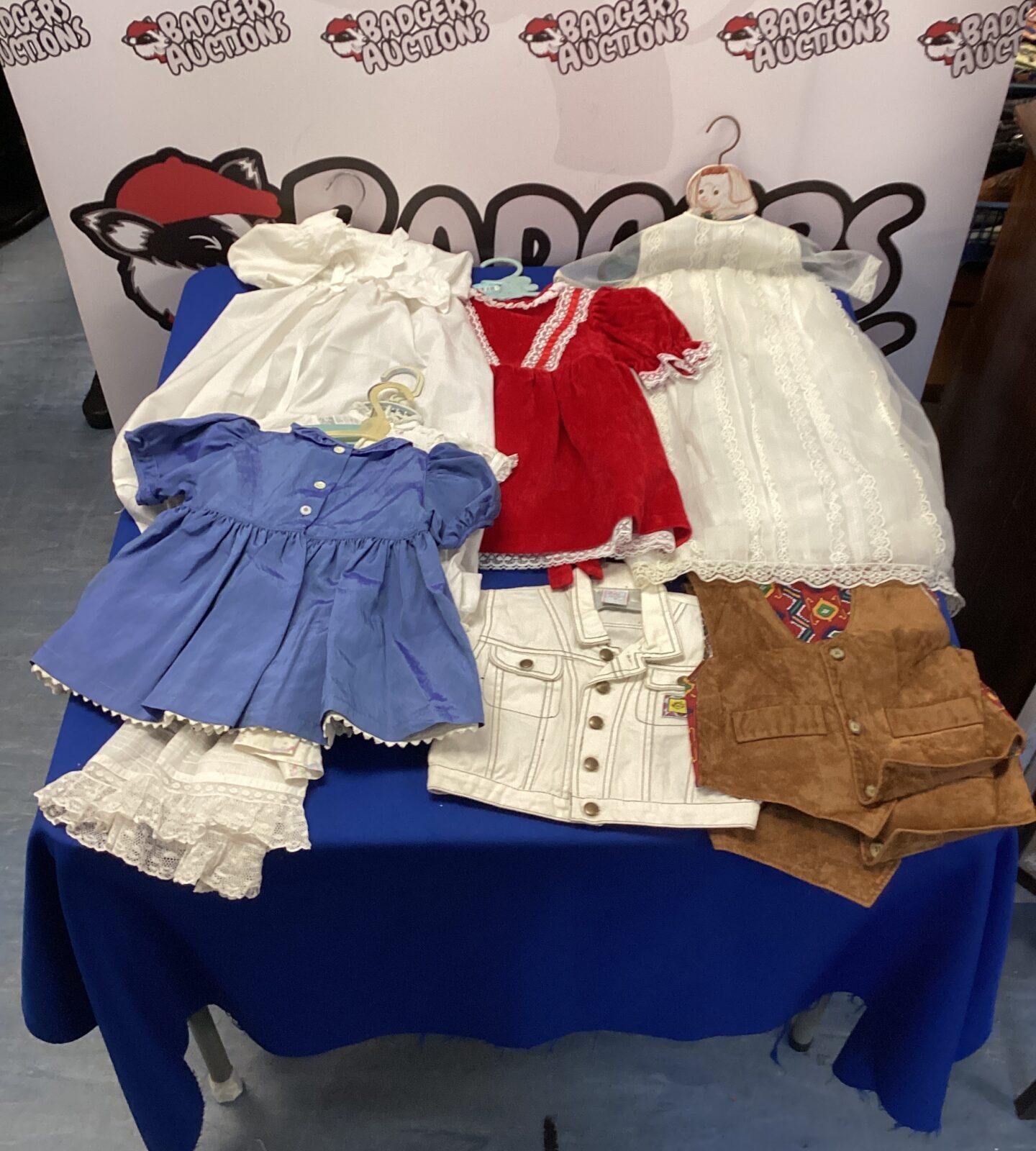 Box & bag of mixed kids & adult clothing inc young girls dresses, young boys waistcoats & adult lined bloomers & under garments