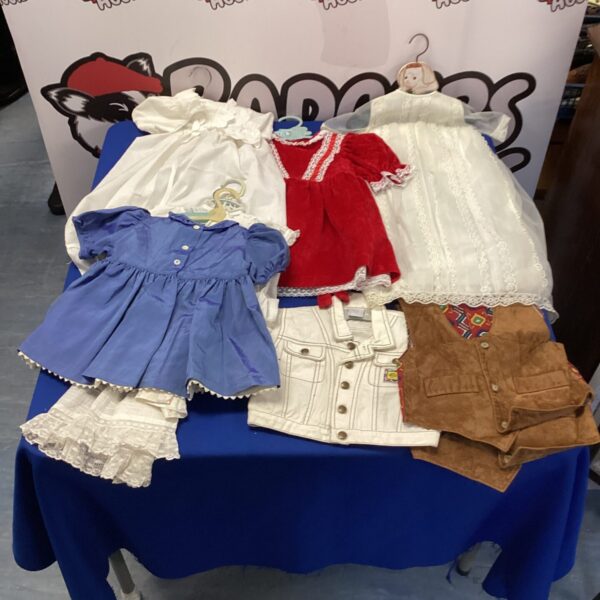 Box & bag of mixed kids & adult clothing inc young girls dresses, young boys waistcoats & adult lined bloomers & under garments