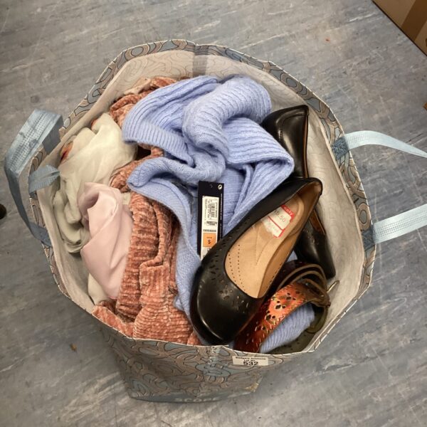 Bag of mixed ladies clothing inc slip on shoes, cardigan’s & tops