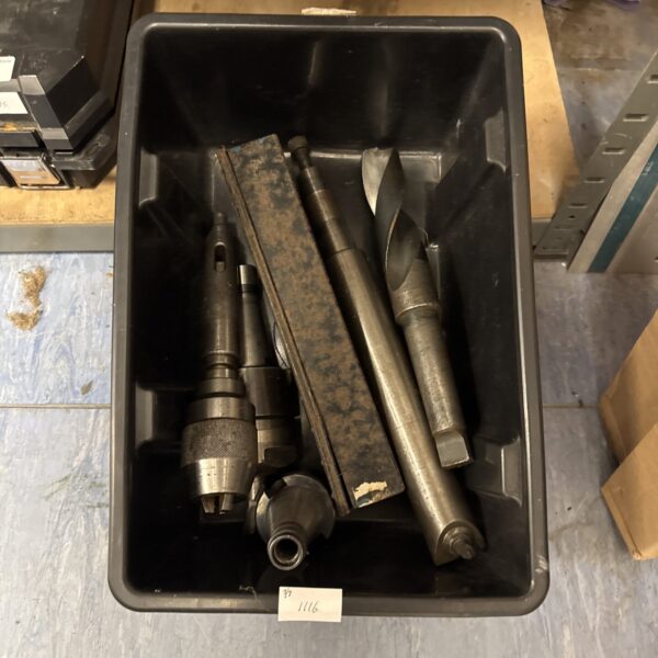 Lot of vintage lathe parts including drill bit and chucks.