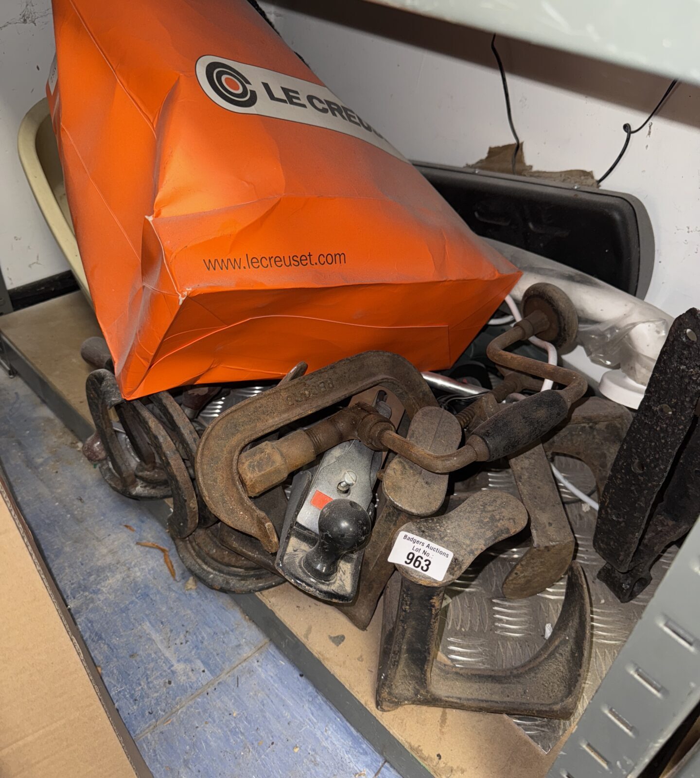 Whole shelf of mixed items inc shoe lasts, wood plane & others