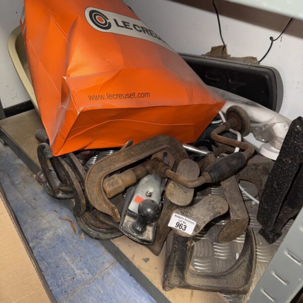 Whole shelf of mixed items inc shoe lasts, wood plane & others
