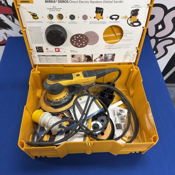 Mirka Deros orbital sander in hard case, power tool.