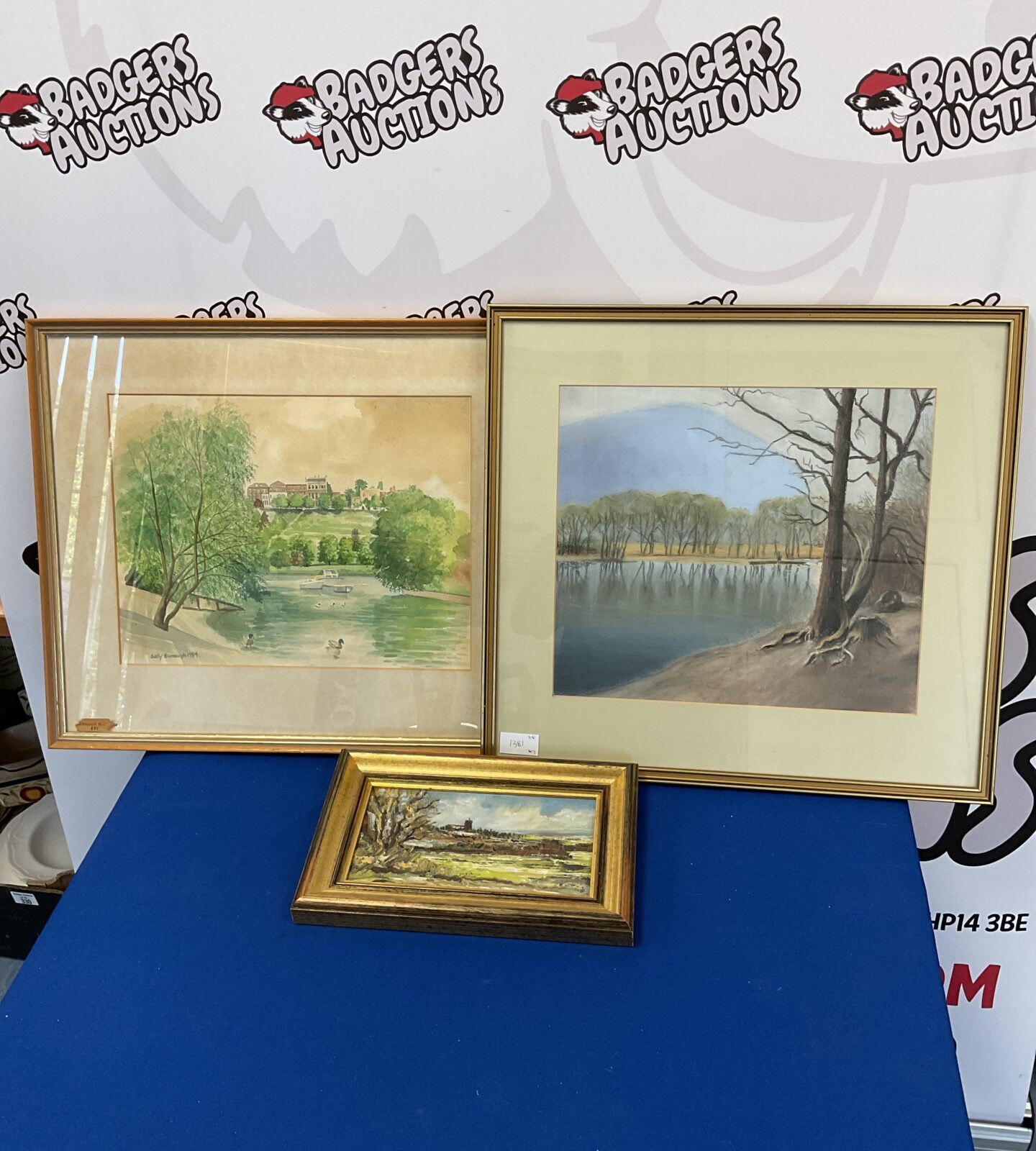 three framed original artworks including pastel lake scene & view of duck pond & oil on panel