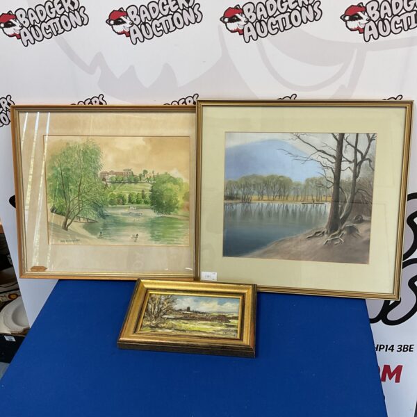 three framed original artworks including pastel lake scene & view of duck pond & oil on panel