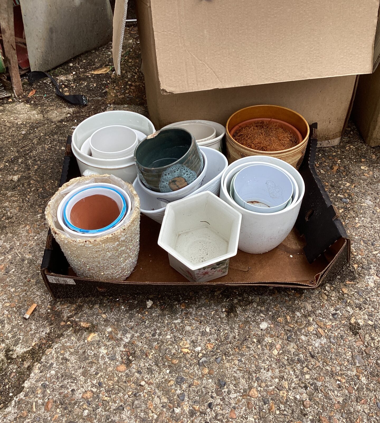 Box of garden pots