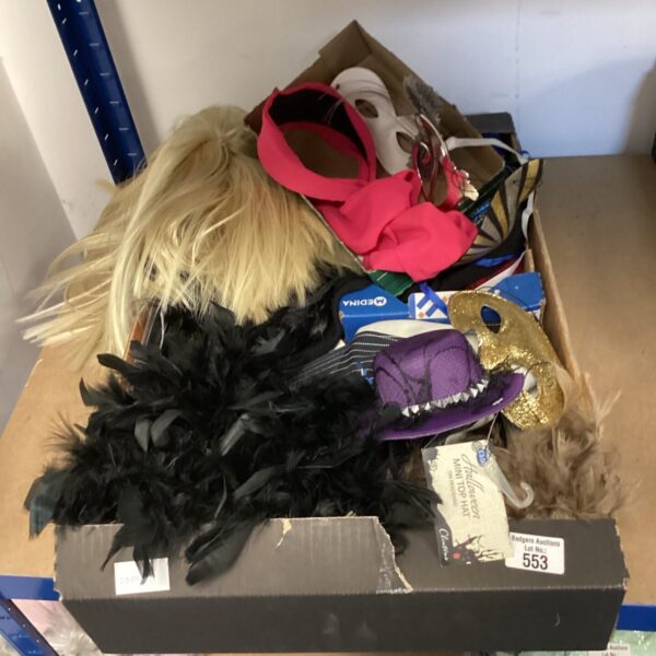 Box of mixed wigs, caps & masquerade masks