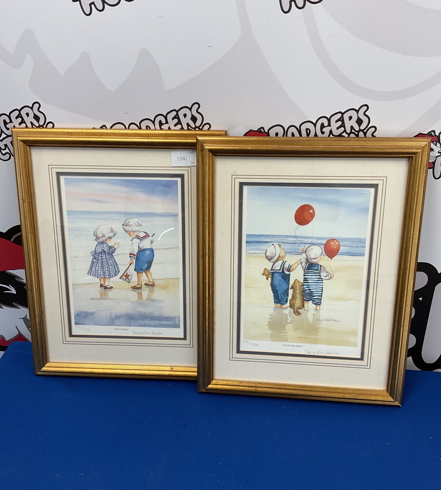 pair of fay whitaker signed ltd edition print of children at seaside