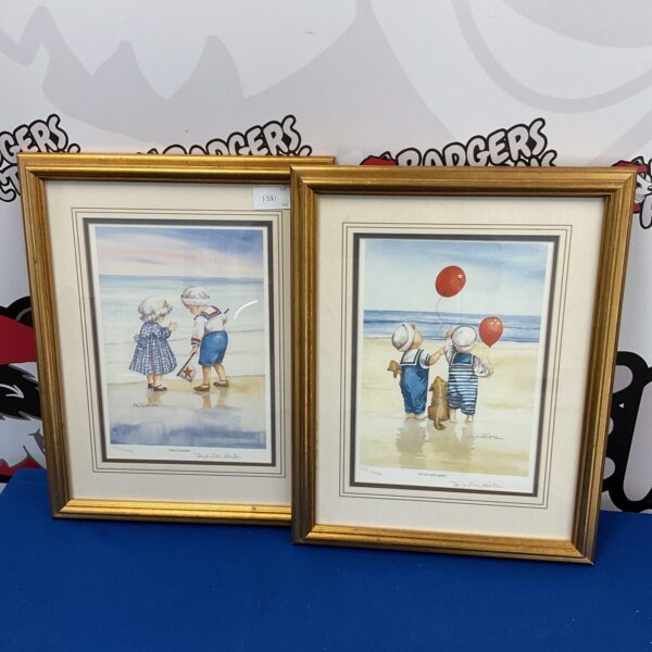 pair of fay whitaker signed ltd edition print of children at seaside