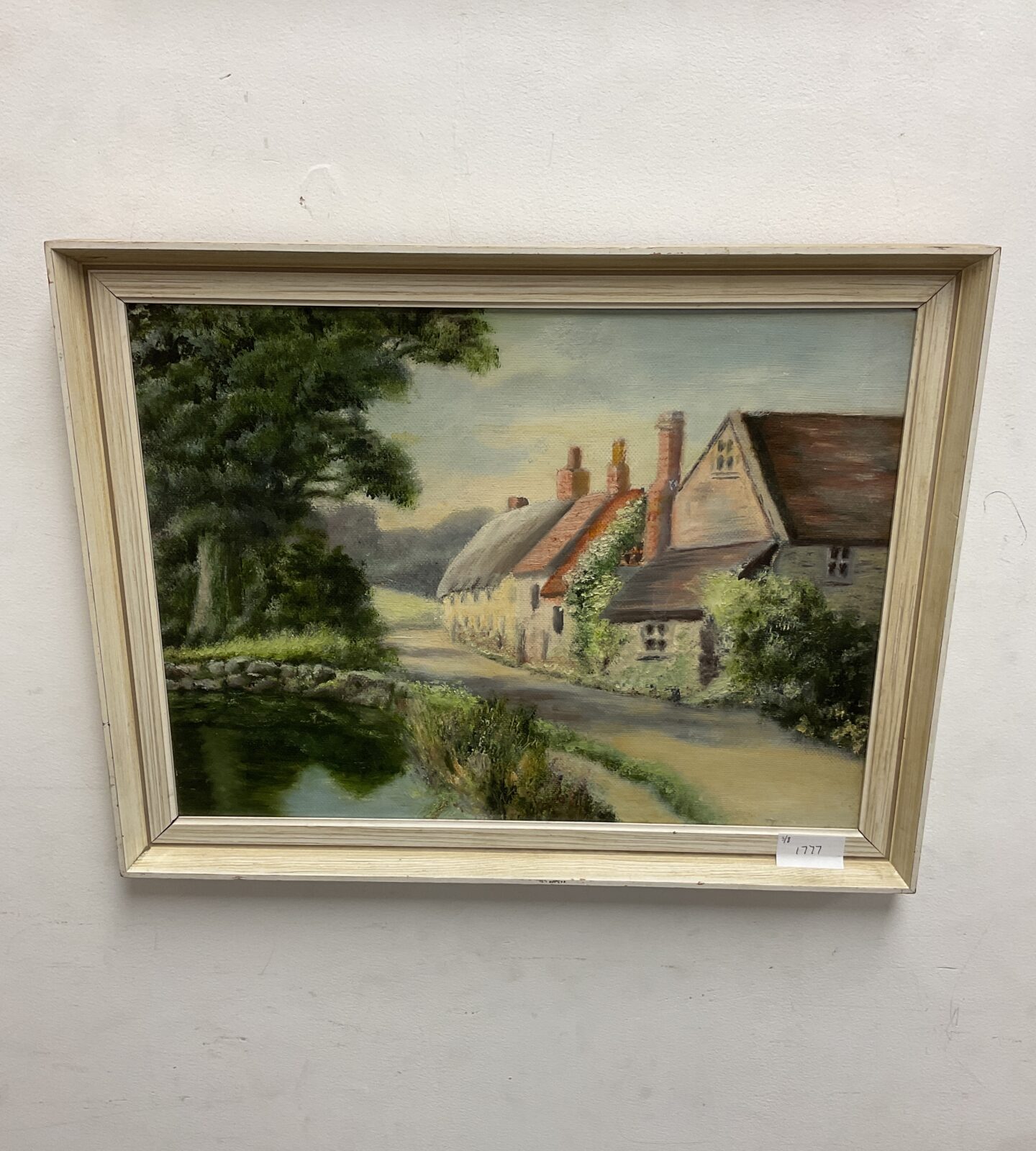 Original oil on board artwork of a cottages & village pond
