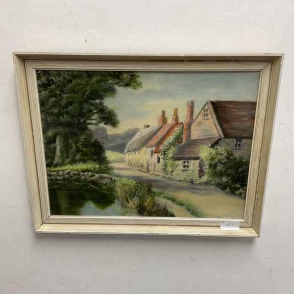 Original oil on board artwork of a cottages & village pond
