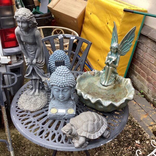 Selection of garden ornaments inc birdbath