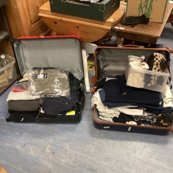 Two large suitcases & drawer of mixed clothing