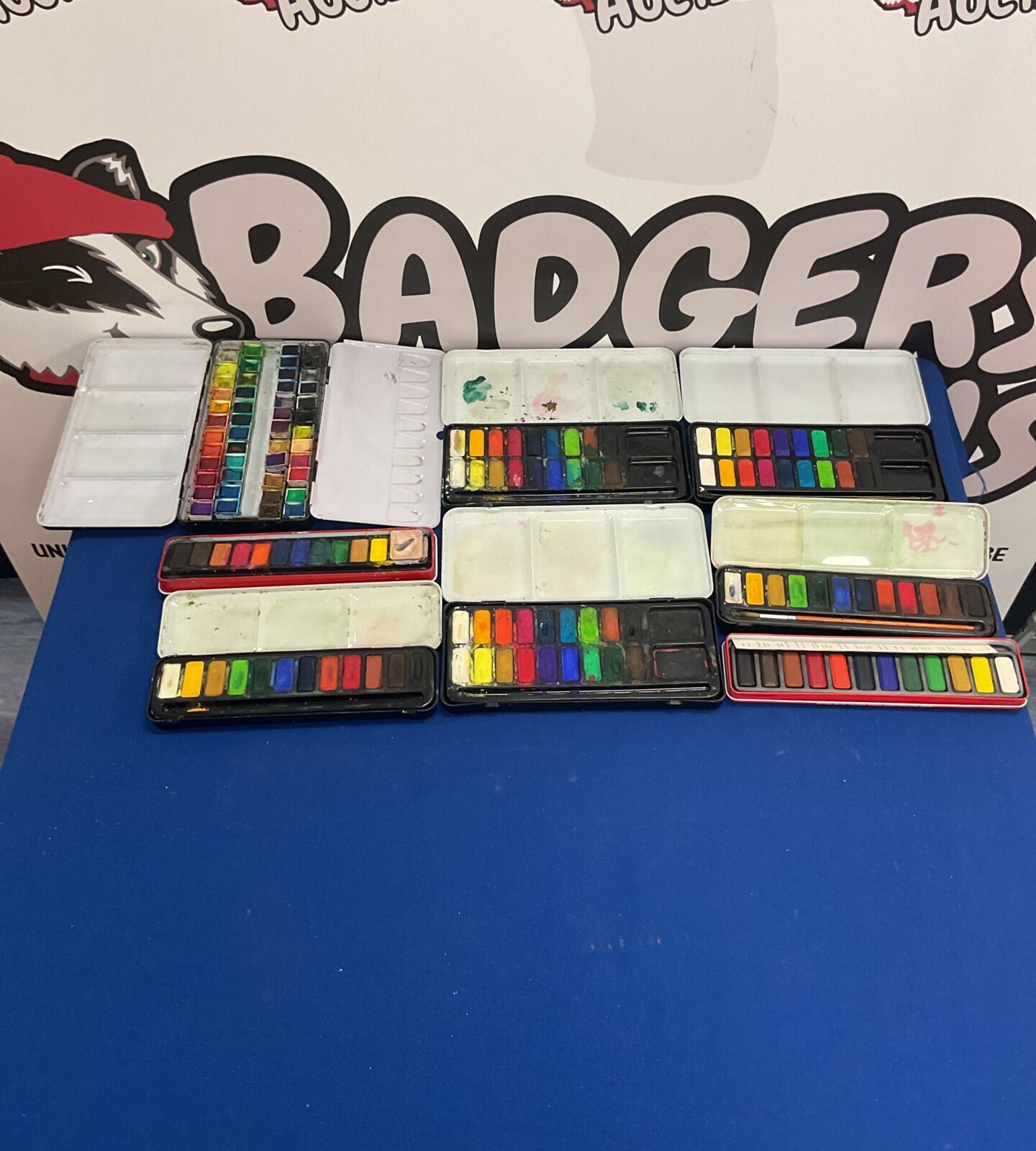 Selection of paints and brushes inc major brushes