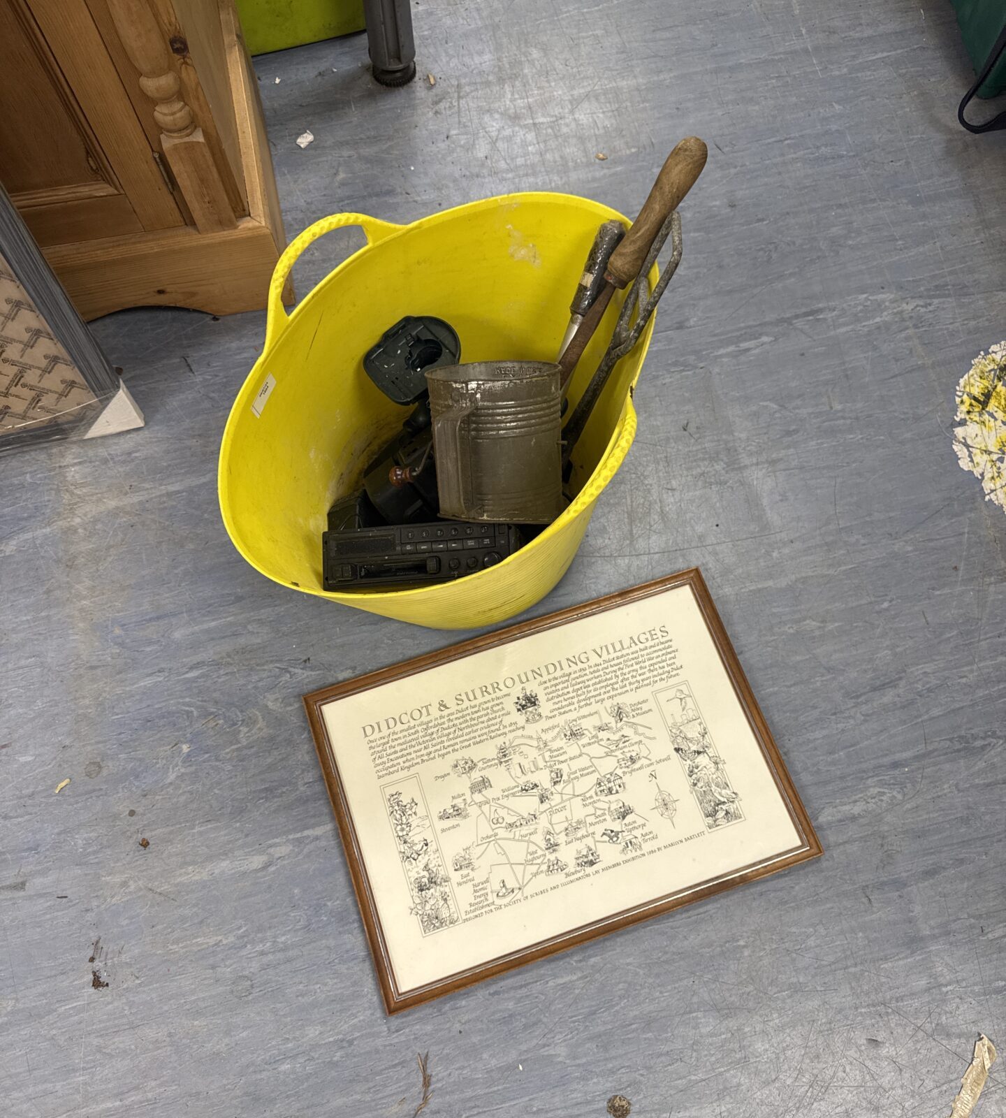 Bucket of mixed items with an Oxfordshire villages framed print