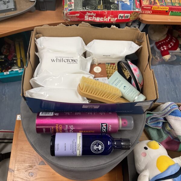 Box of mixed beauty products inc vo5 and whiterose