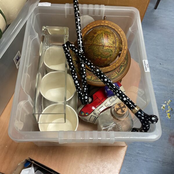 Box of mixed inc empty bumbu rum bottle and tabletop globe