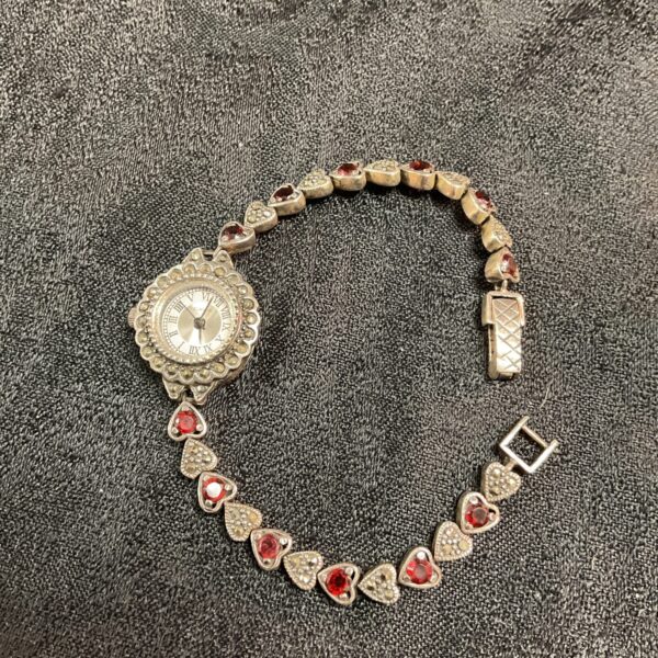 925 silver quartz watch and heart bracelet set with garnet stones and marcasites