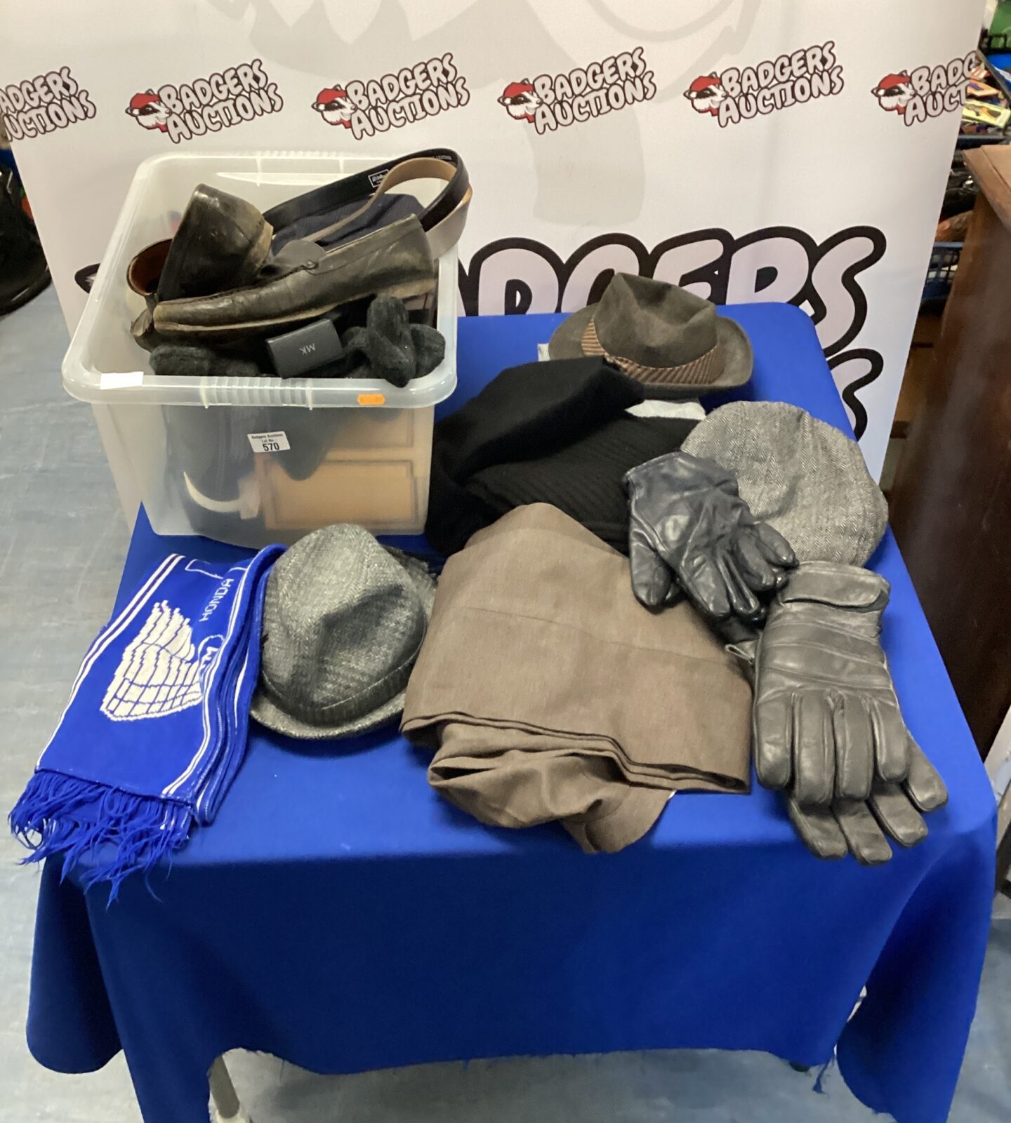 Box of mixed clothing inc hats, shoes & scarves