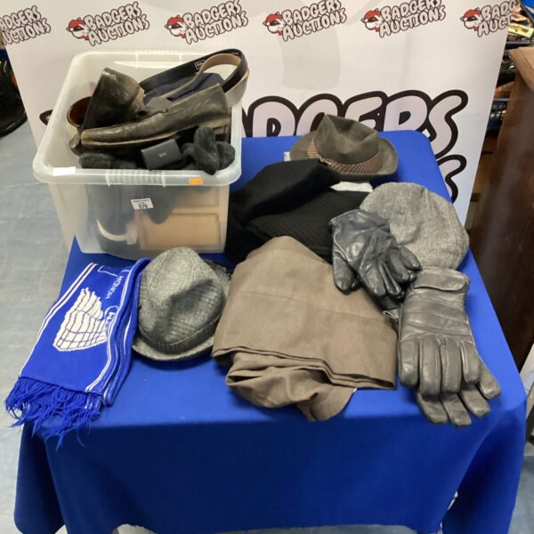 Box of mixed clothing inc hats, shoes & scarves