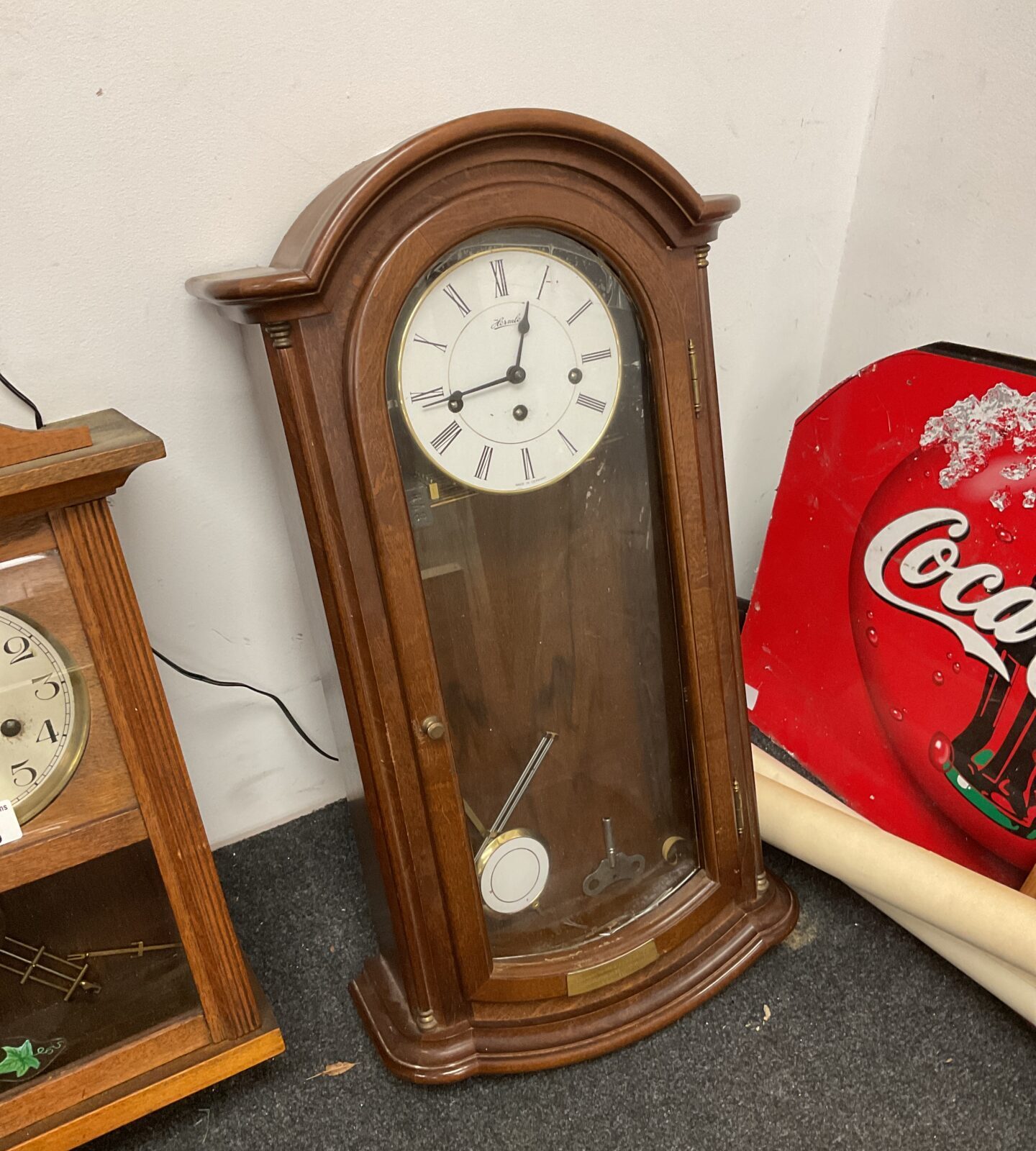 Hermle german made wall clock with pendulum & key (glass loose)