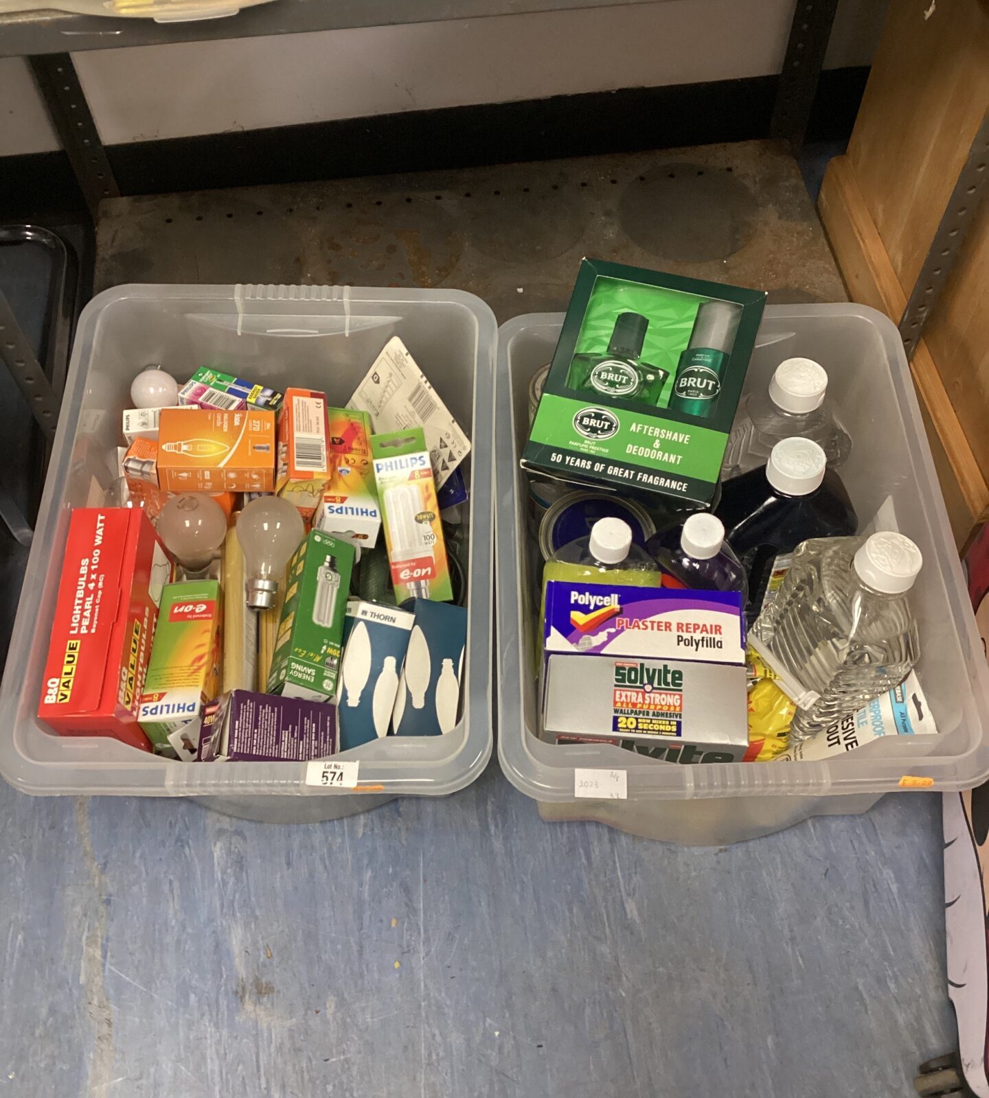 Two boxes of mixed inc light bulbs & mixed chemicals inc plaster repair & wallpaper adhesive