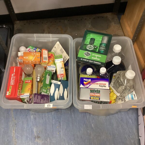 Two boxes of mixed inc light bulbs & mixed chemicals inc plaster repair & wallpaper adhesive