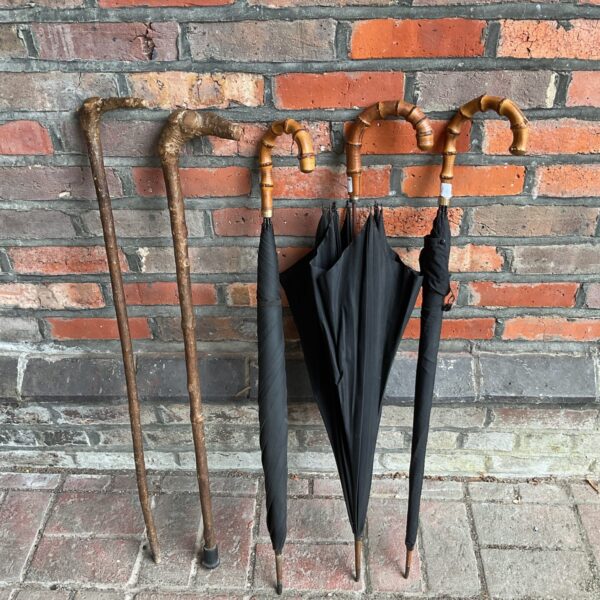 Vintage umbrellas and walking sticks displayed against a brick wall.