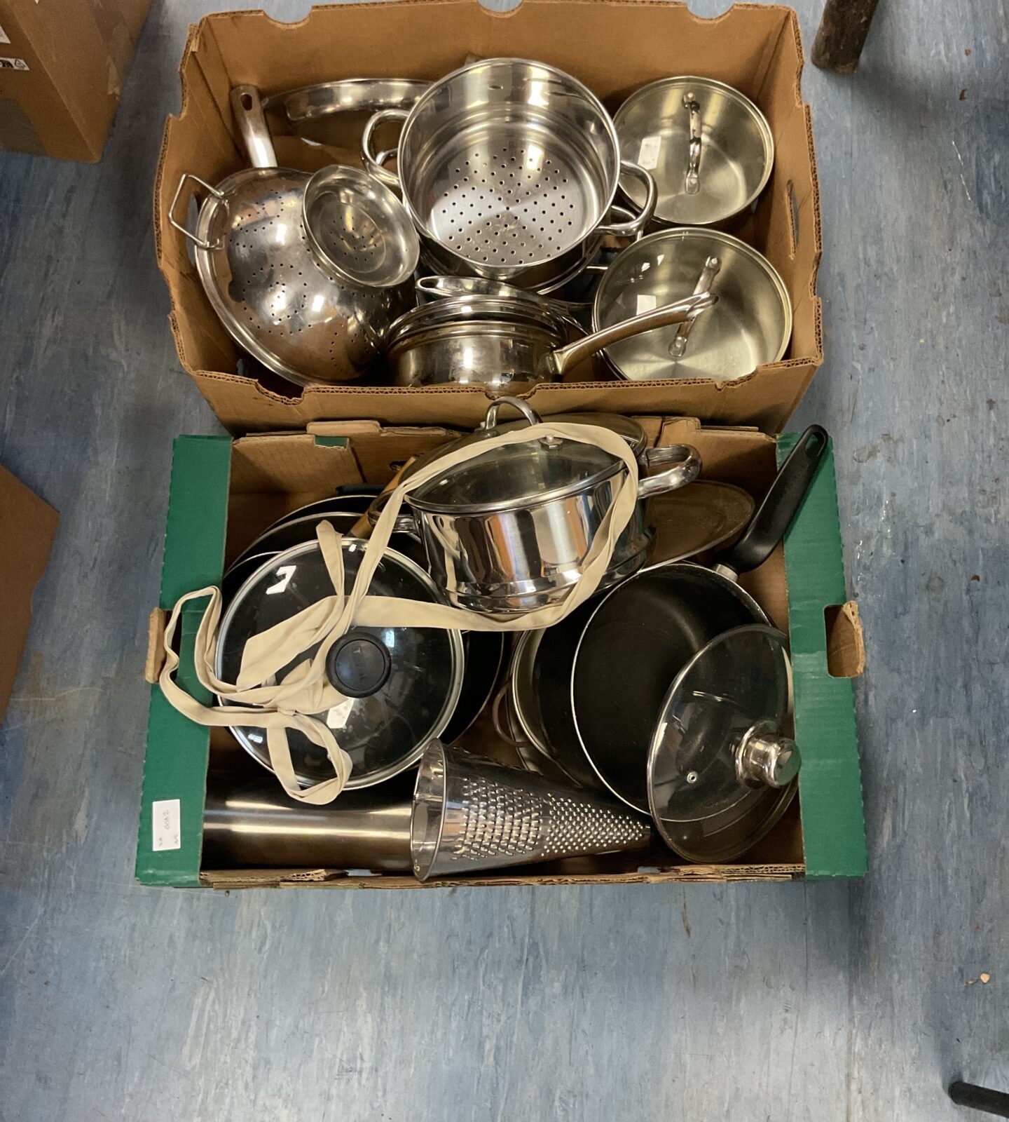 Two boxes of mixed kitchenware and crockery