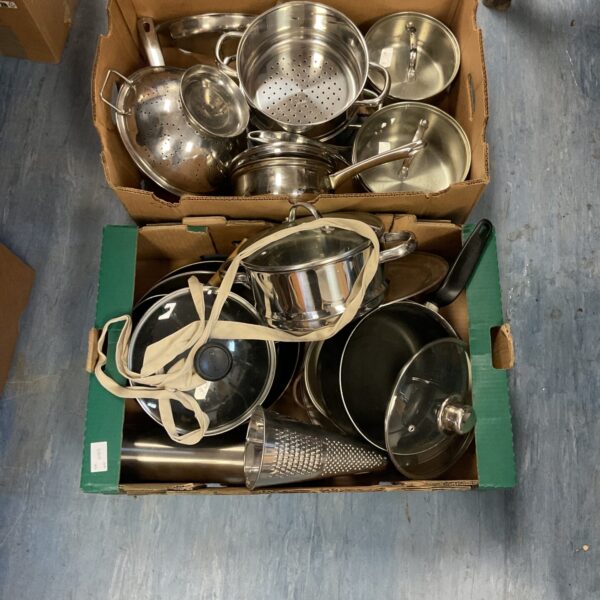 Two boxes of mixed kitchenware and crockery