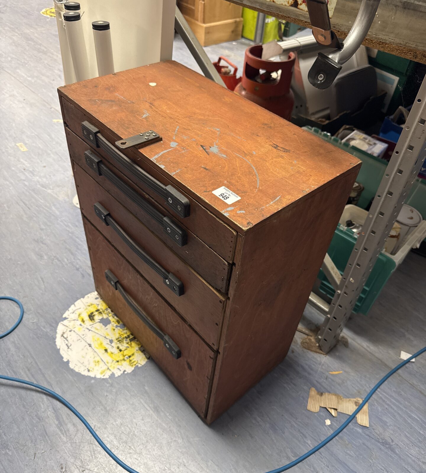 Vintage wooden tool chest with contents