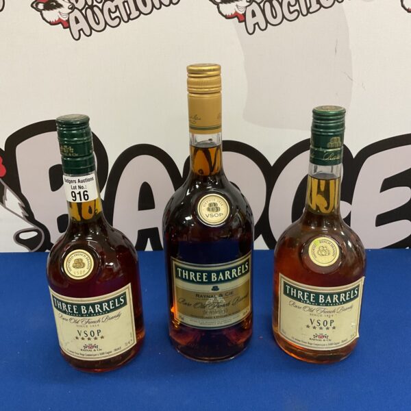 Three Sealed bottles of three barrels rare old french brandy