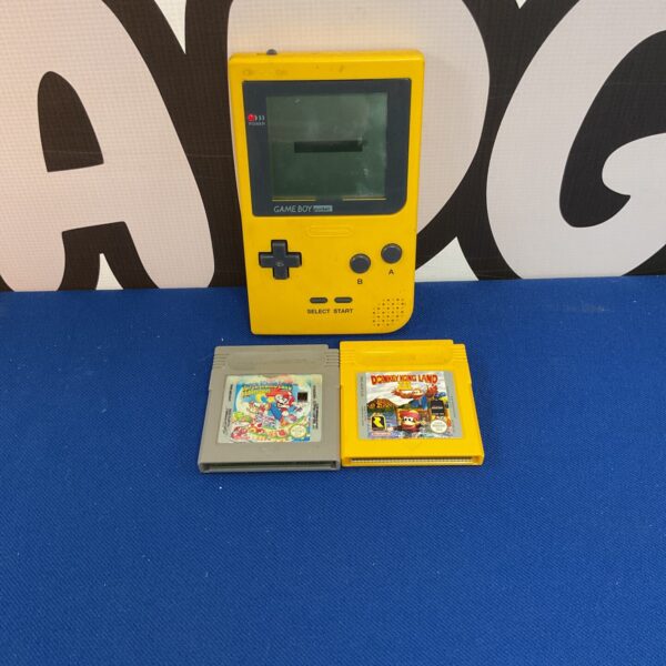 Yellow Nintendo Game Boy Pocket with game cartridges.