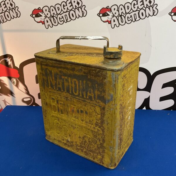 Vintage Benzole fuel can with brass cap, collectible petrol can.