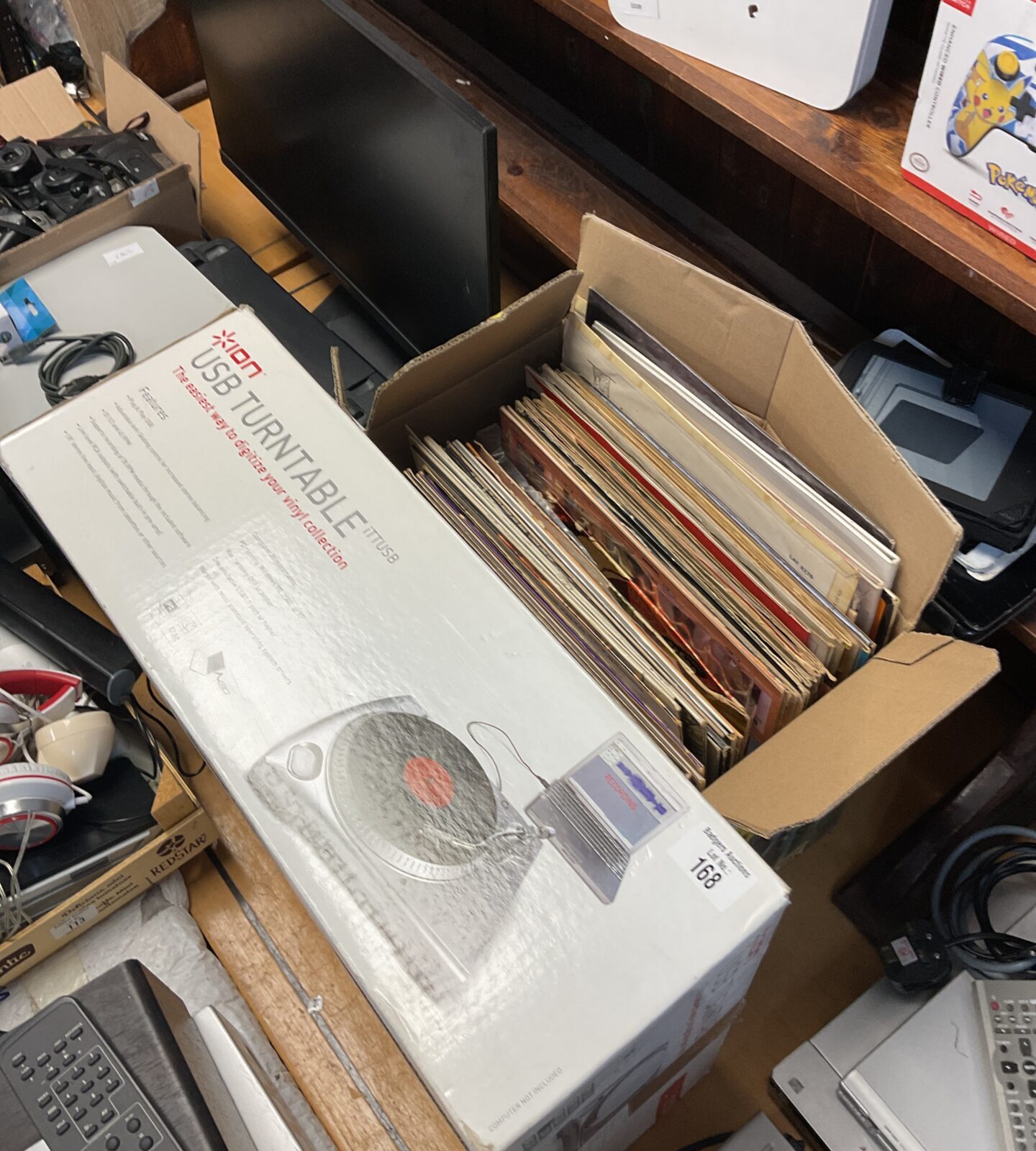 Ion usb turntable with box of 13” vinyl records