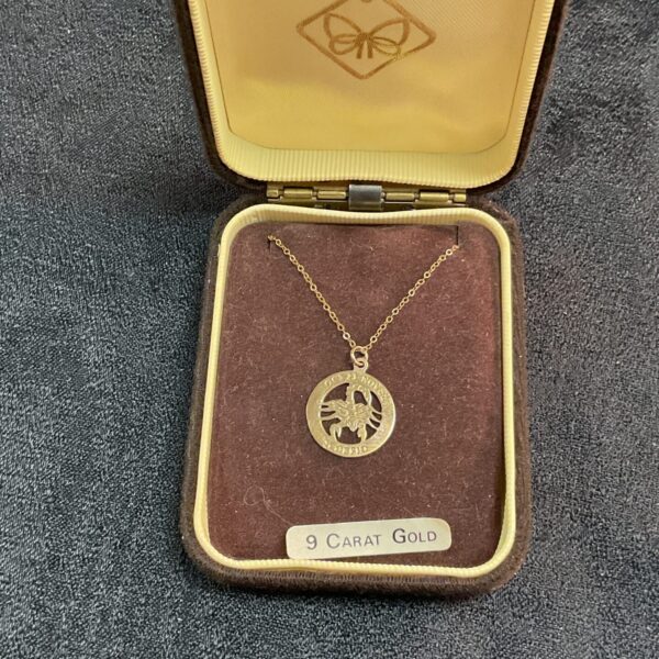 Vintage 9ct gold Scorpio pendant and delicate chain.