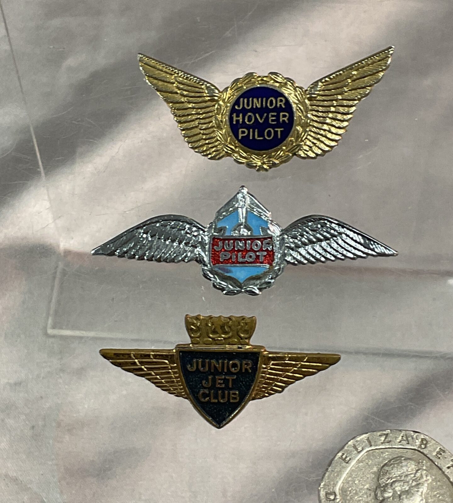 vintage junior pilot, junior hover pilot and junior jet club pin badges