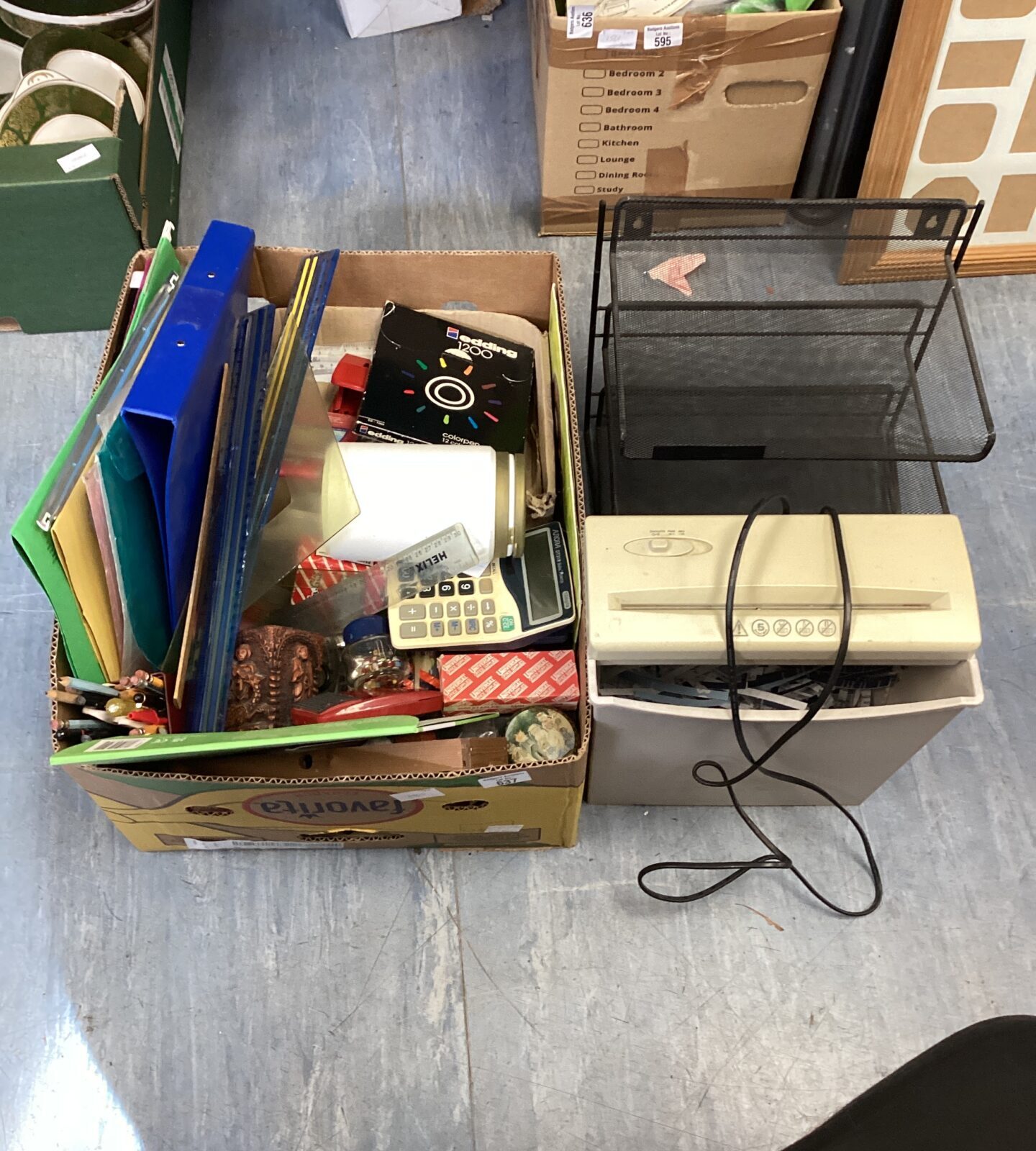 Box of stationary supplies inc paper shredder & document holder