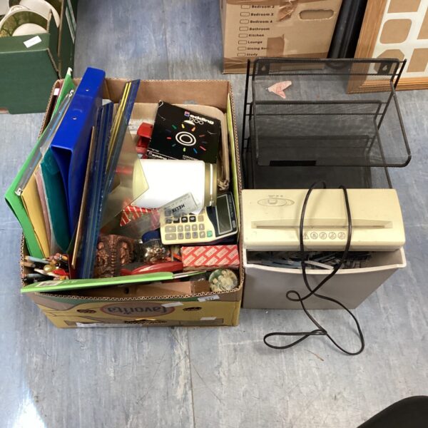 Box of stationary supplies inc paper shredder & document holder