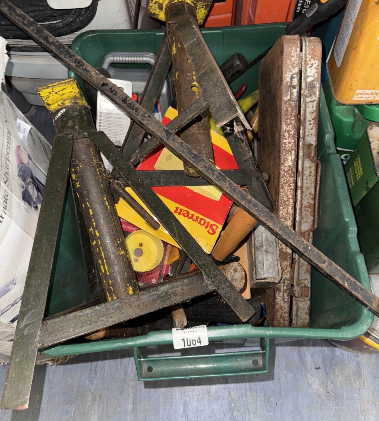 Large box of assorted garage clearance items inc axle stands