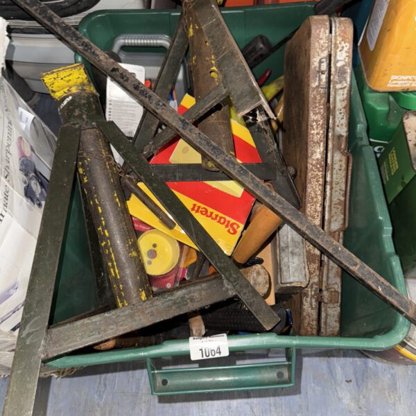 Large box of assorted garage clearance items inc axle stands