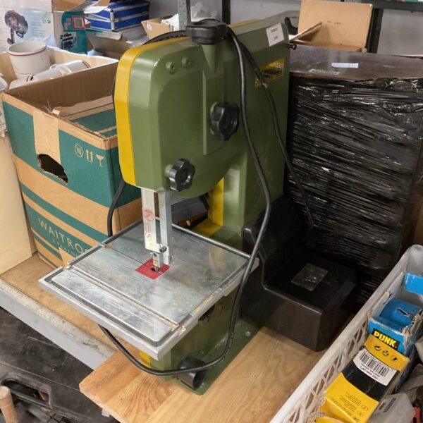 Close-up of the Proxxon scroll saw, a miniature woodworking tool.