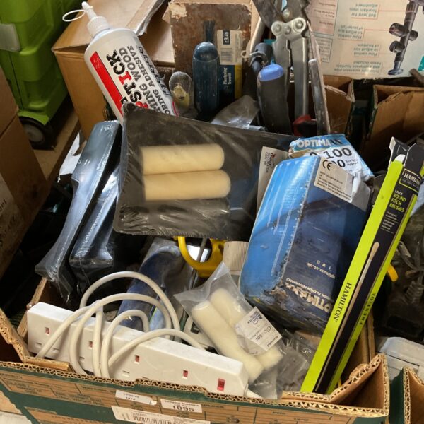 Tray of tools including paint rollers & wood glue